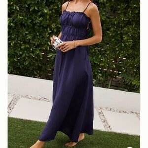 Anthropologie Smocked Square-Neck Dress Navy - Medium